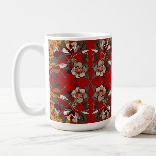 Red Magnolias on Red Background Kaffemugg (Med munk)