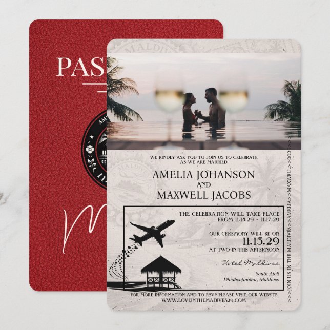 Red Maldives Passport Wedding bjudande Inbjudningar (Fram/baksida)