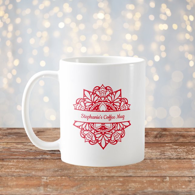 Red Mandala Art Personlig Namn Coffee Mugg (Skapare uppladdad)