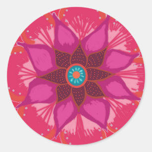 Red Mandala blomart Round Sticker, Glossy Runt Klistermärke