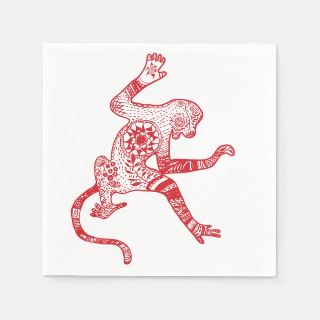 Red Mandala Fire Monkey Cocktail Pappra Napkins Pappersservett (Framsidan)