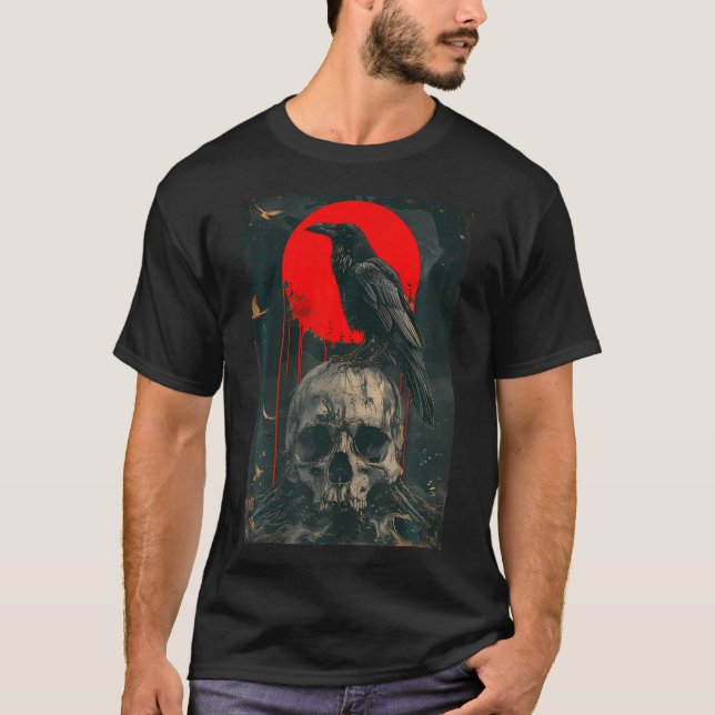Red Måne Black Gothic Raven Skull Graphic Black Cr T Shirt (Framsida)