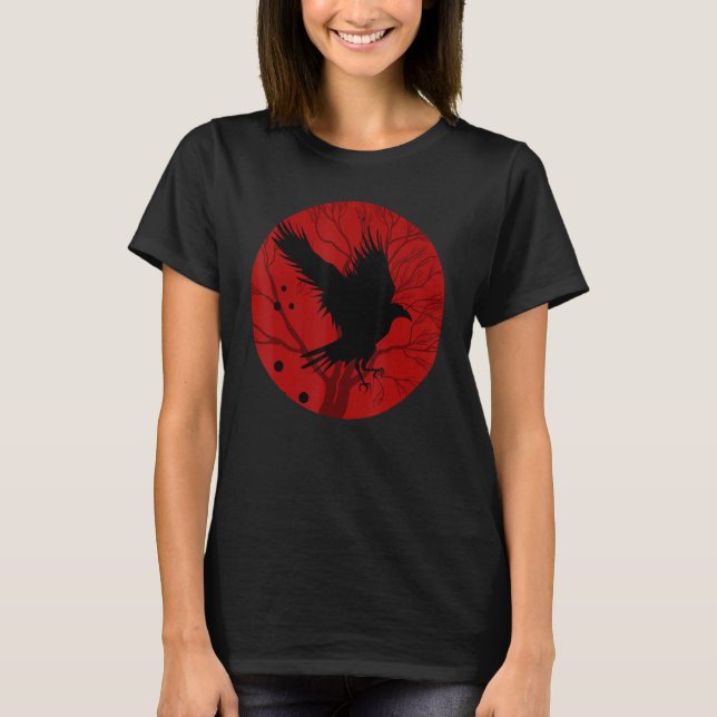 Red Måne Creepy Kråka Bird Gothic Forest Animal Ra T Shirt (Framsida)