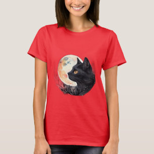 Red Måne med Cat Artistic T-Shirt Design