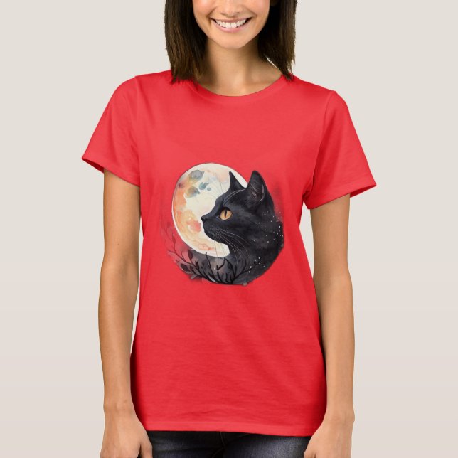 Red Måne med Cat Artistic T-Shirt Design (Framsida)