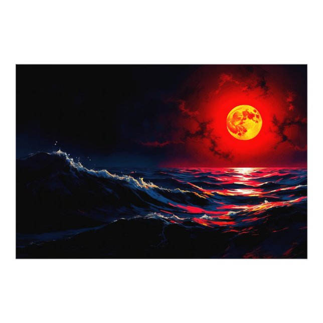 Red Måne over Stormy Sea Fantasy Sjölandskap Fototryck (Framsidan)