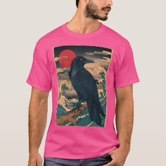 Red Måne Raven - Japanska Stil Vintage Black Kråka T Shirt