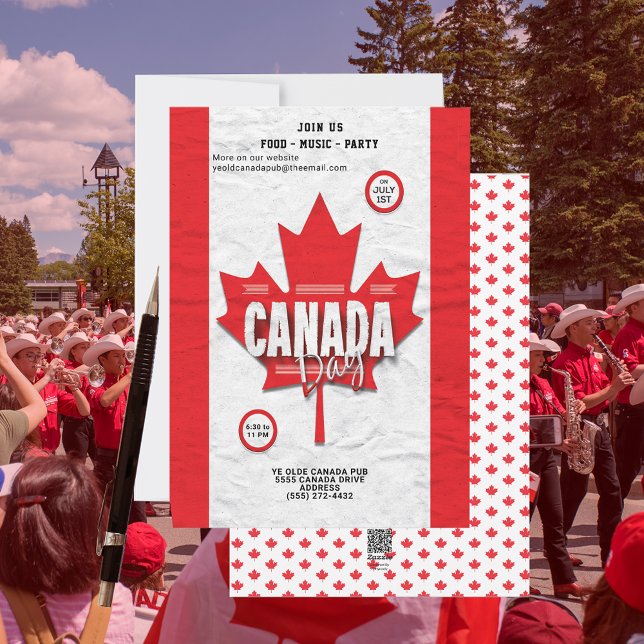 Red Maple Löv Flagga Canada Day Party-inbjudan Julkort (Join us for food music and party on the Canada Day celebration with this holiday invitation.)