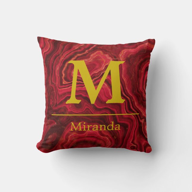 Red Marble guld Monogram och Namn personlig Kudde (Framsida)