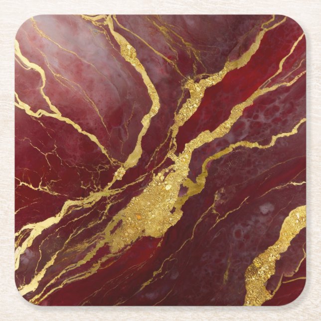 Red Marble Mönster med Guld Underlägg Papper Kvadrat (Framsidan)