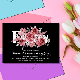 Red Maroon Greenery Blommigt 40th Black Birthday Inbjudningar