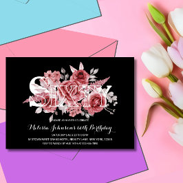 Red Maroon Greenery Blommigt 60:e Svart födelsedag Inbjudningar