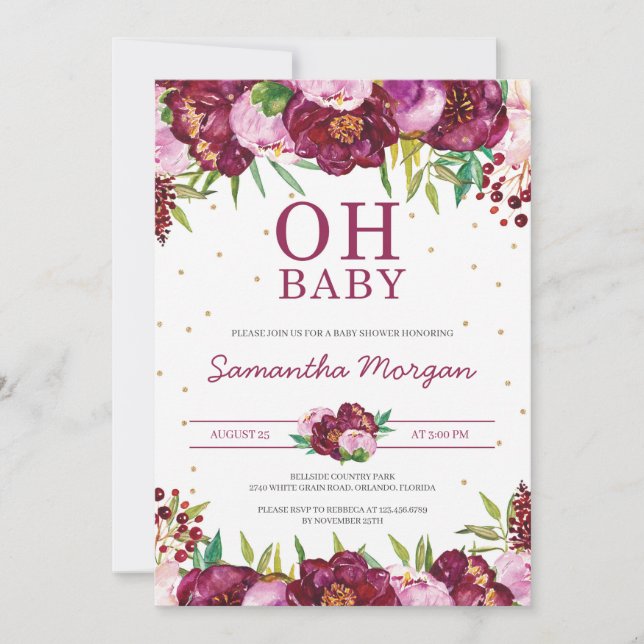 Red maroon  rosa blommigt girl oh baby dusch inbjudningar (Framsida)