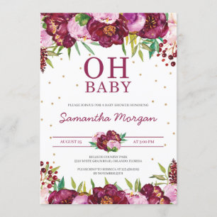Red maroon rosa blommigt girl oh baby dusch inbjudningar