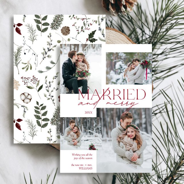 Red Married & Merry Modern Photo Newlyed Helgdag Julkort (Easily personalize this newlywed photo holiday card with your favorite image and deets)