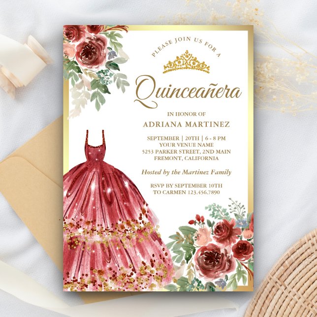 Red Marsala Blommigt Dress Guld Quinceanera Inbjudningar (Skapare uppladdad)