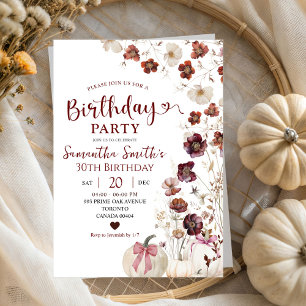 Red Marsala Pumpkin Fall Wildblomma Birthday Inbjudningar