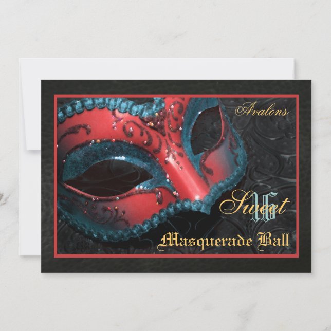 Red Mask Masquerad Sweet 16-parts inbjudan (Framsida)