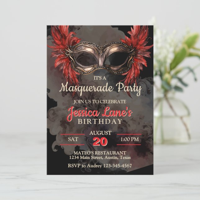 Red Mask MasqueraParty Birthday Inbjudningar (Stående Fram)