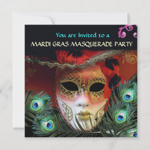 RED MASK MED PEACOCK FEATHERS MASQUERADE PARTY INBJUDNINGAR