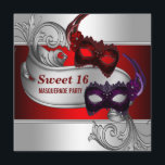 Red Masks Sweet 16 Masqueraad Party Inbjudningar<br><div class="desc">Red and lila Fjäther Mardi Gras masks silver,  röd och svart sweet sixteen-uppspelningsinbjudan. com</div>