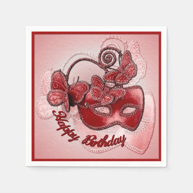 Red Masqueramask Birthday Napkins Pappersservett (Framsidan)