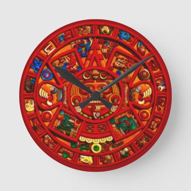 Red Mayan Sol Disk Aztec History Clock Rund Klocka (Framsida)