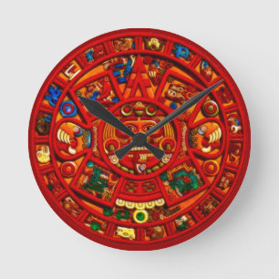 Red Mayan Sol Disk Aztec History Clock Rund Klocka