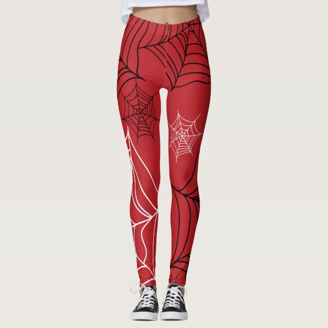 Red med Black & White Spindelnäts Halloween Leggings (Framsida)