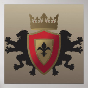 Red Medieval Lejon Heraldry Poster