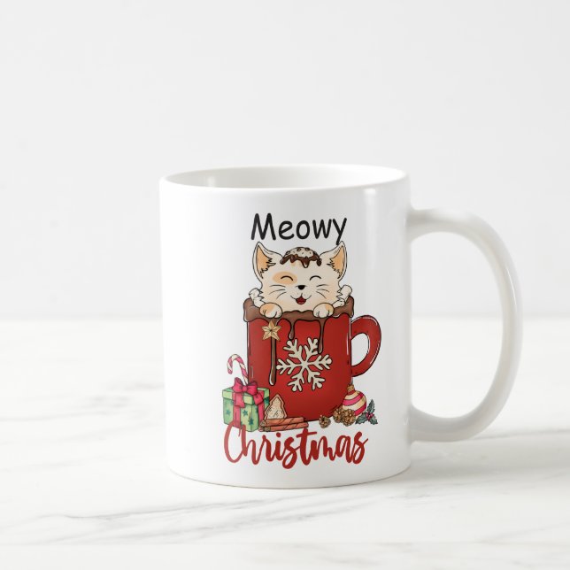 Red Meowy Christmas Cat Holiday Coffee Mug  Kaffemugg (Höger)