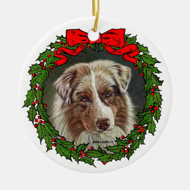 Red Merle Aussie Hund Art by Glenda S. Harlan Julgransprydnad Keramik (Framsidan)