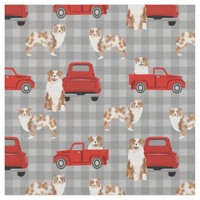 Red Merle Aussie och Red lastbil plaid Tyg (Närbild)
