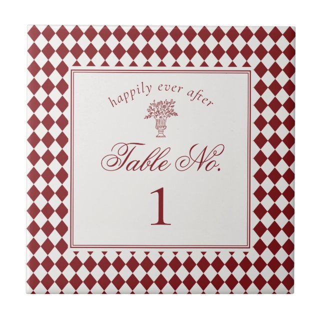 Red Merlot Harlequin Checker Wedding Table Number Kakelplatta (Framsidan)