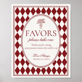 Red Merlot Harlequin Checkered Wedding Favors Sign Poster