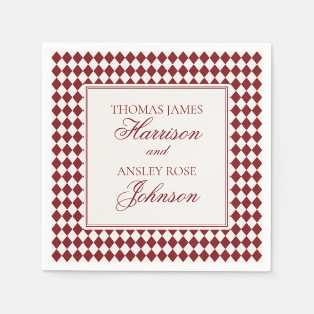Red Merlot Harlequin Checkered Wedding Pappersservett (Framsidan)