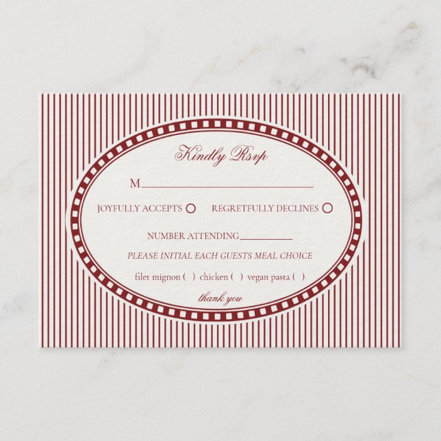 Red Merlot Striped Harlequin Pattern Wedding RSVP Tilläggskort (Framsida)