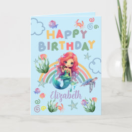 Red Mermaid Birthday Card in Blue Kort