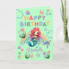 Red Mermaid Birthday Card in Green Kort