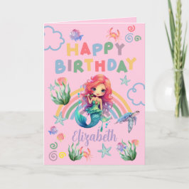 Red Mermaid Birthday Card in Pink Kort