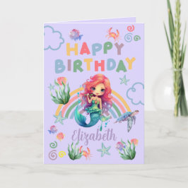 Red Mermaid Birthday Card in Purple Kort