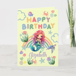 Red Mermaid Birthday Card in Yellow Kort