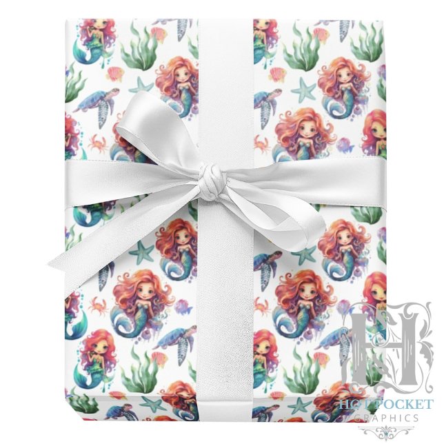 Red Mermaid Birthday Gift Wrap in White Presentpapper (Skapare uppladdad)