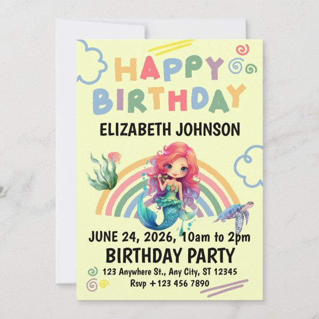 Red Mermaid Birthday Invitation in Yellow Inbjudningar (Framsida)