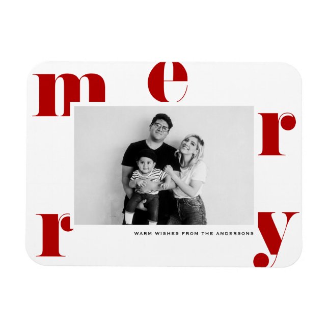 Red MERRY Bold Typography Modern Photo Jul Magnet (Horisontell)