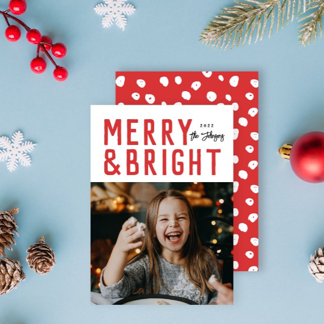 Red Merry & Bright Bold Typography-julfoto Julkort (Skapare uppladdad)