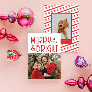 Red Merry & Bright Retro Typography Photo Julkort