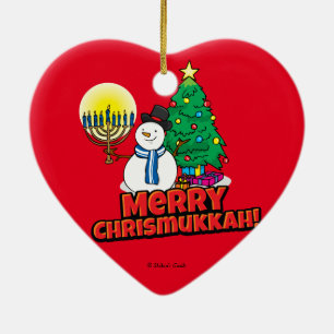 Red Merry Chrismukkah med Snögubbe och Menorah Julgransprydnad Keramik