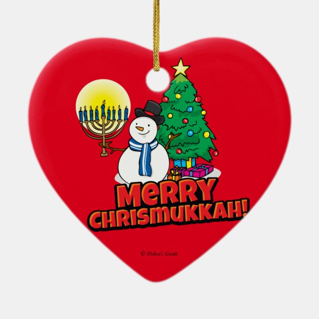 Red Merry Chrismukkah med Snögubbe och Menorah Julgransprydnad Keramik (Baksidan)