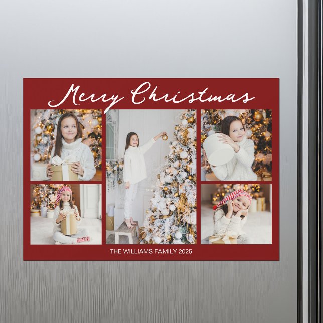 Red Merry Christmas Photo Collage 2025 Magnet Card (Skapare uppladdad)